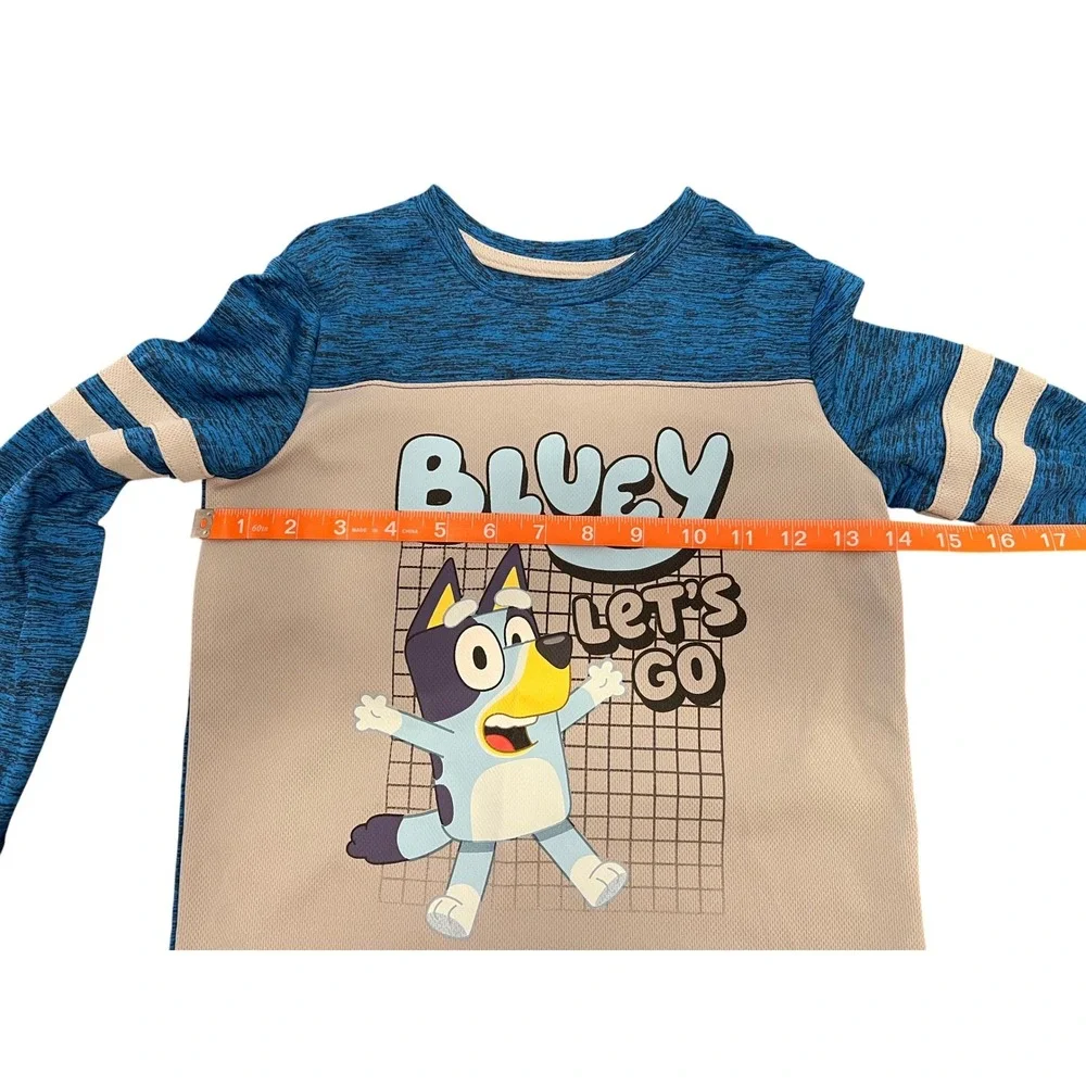 Bluey Lets Go Boys Graphic Long Sleeve Shirt Blue Gray Space Dye Active Top 3162
